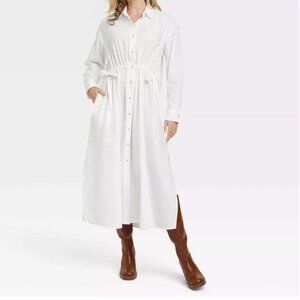 NWT Universal Thread White Shirt Dress Midi Drawstring Waist Long Sleeve Medium